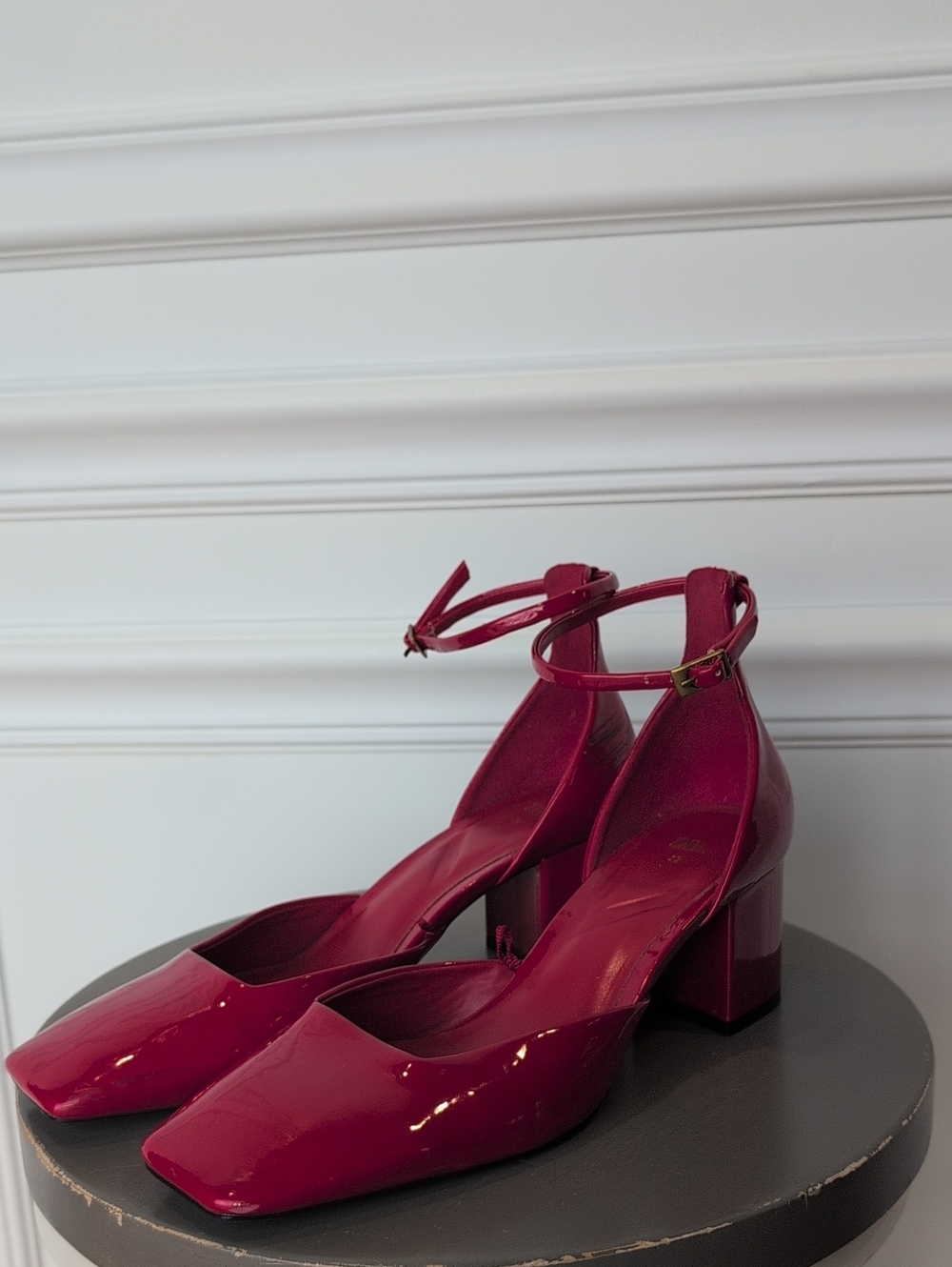 Zara Patent Ankle-Strap Block Heels in Fuchsia